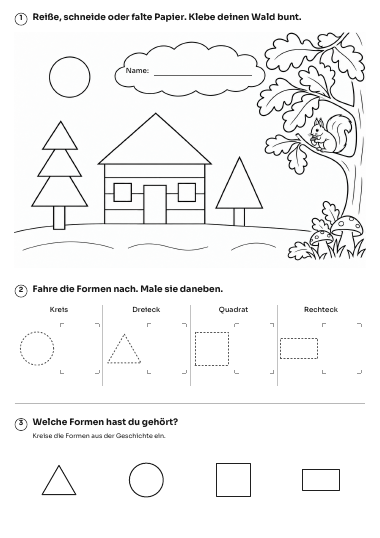 Kinderblatt „Unser Wald aus Formen“ mit Klebebild, Formen zum Nachfahren und Höraufgabe